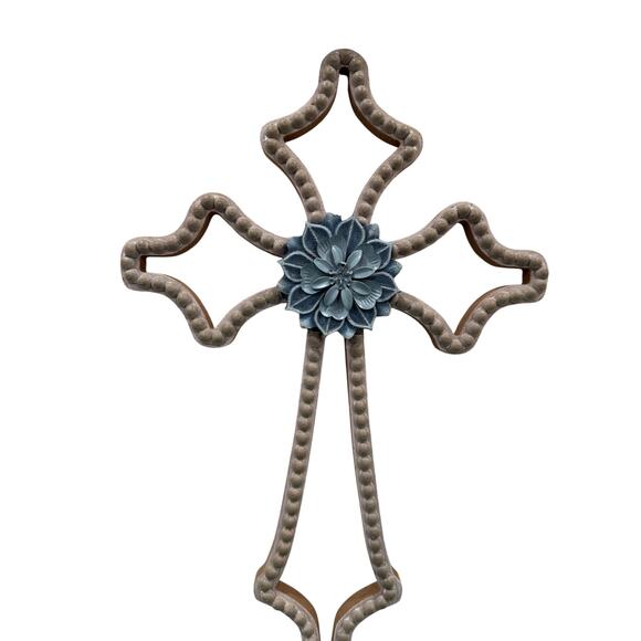Farmhouse Cottagecore Wall Cross with Blue Flower  Christian Faith Decor 16” - Picture 1 of 8
